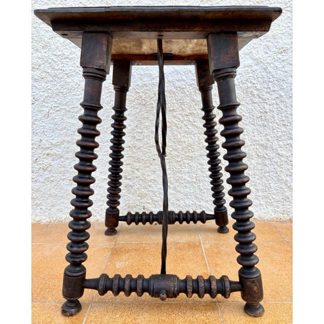 1920s Spanish Baroque Revival Oak Side Table with Barley Twist Legs and Iron Stretcher For Sale - Image 10 of 10