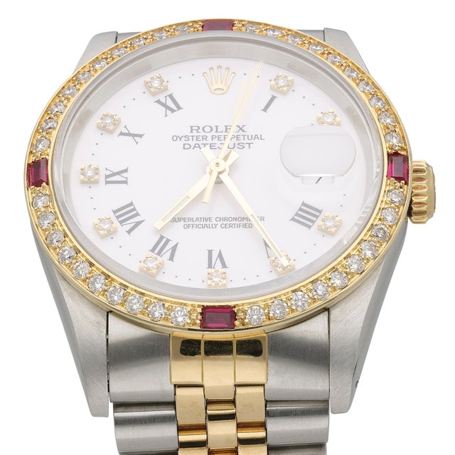 Rolex Datejust 16233 Two Tone Steel-18k Gold Ruby Diamond Bezel Vintage Watch For Sale - Image 12 of 17