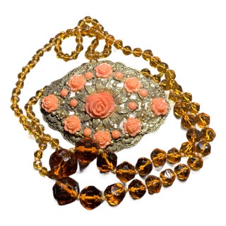 1930s Art Deco Bohemian Amber Faceted Glass Bead Necklace & Faux Coral Brass Filigree Brooch, 2 Pieces For Sale