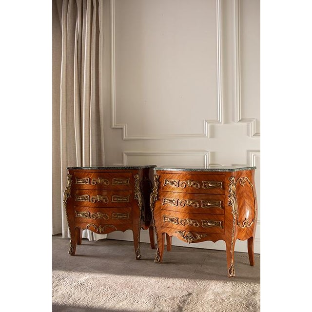 Metal Pair Vintage French Louis XV Bombé Chests, Marble Top Commode Nightstands For Sale - Image 7 of 18