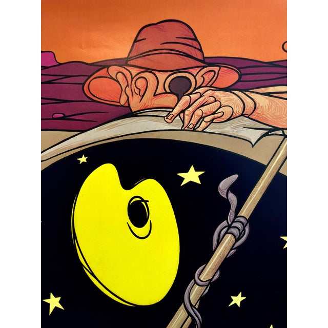 Vintage gallery exhibition poster. Navy blue and bold yellow stars with vibrant orange. Surrealist man in hat with scythe...
