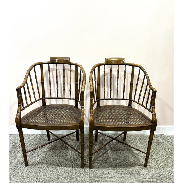 Brown 1970’s Baker Furniture Regency Faux Bamboo Wood Chairs Pair For Sale - Image 8 of 8