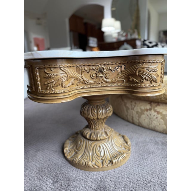 Vintage French Provincial Style Carved Wood Side Tables With a Marble Top For Sale - Image 4 of 9