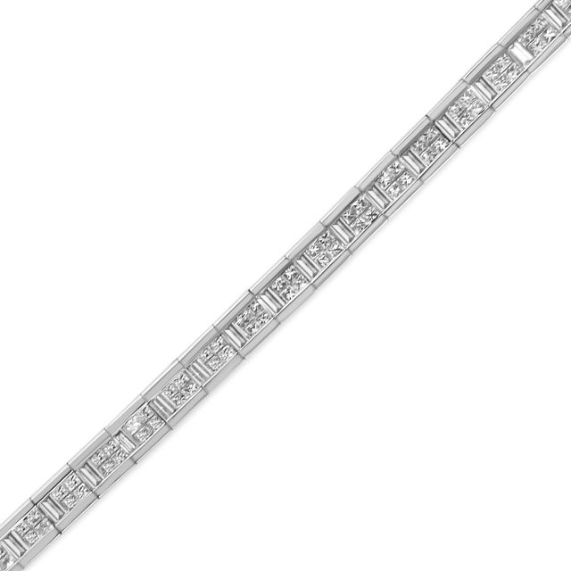 Early 21st Century 14K White Gold 4 3/8 Cttw Alternating Invisible Set Princess and Baguette Diamond Tennis Bracelet For Sale - Image 5 of 7