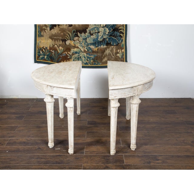 Late 19th Century Pair of French Neoclassical Style 1880s Demilune Tables with Carved Décor For Sale - Image 5 of 12