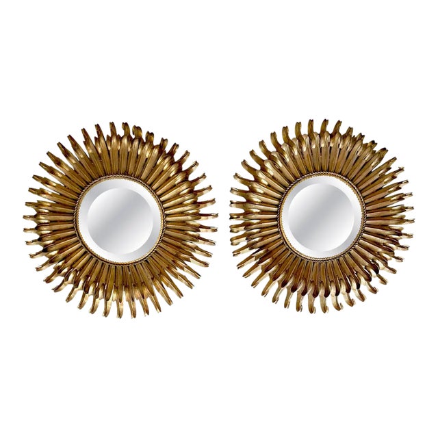 Pair Gilt Metal Eyelash Sunburst Convex Wall Mirrors For Sale