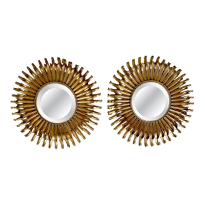 Pair Gilt Metal Eyelash Sunburst Convex Wall Mirrors