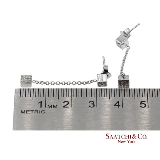 Silver 18k 750 Solid White Gold Natural Diamond Box Drop Earrings, A Pair For Sale - Image 8 of 8