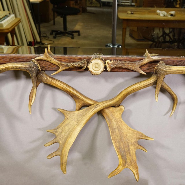 Antique Black Forest Mirror With Antler Arrangement Ca. 1920s For Sale - Image 4 of 8