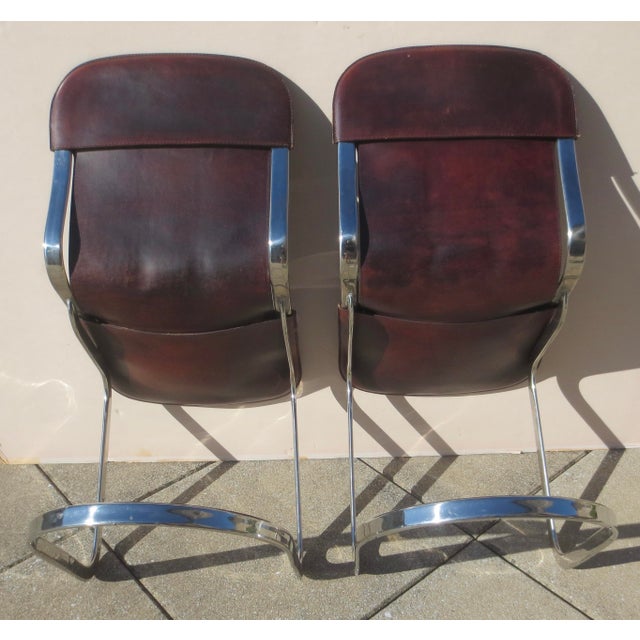 Willy Rizzo Pair of Willy Rizzo Chrome and Brown Leather Cantilever Chairs- Pair of 2 For Sale - Image 4 of 9