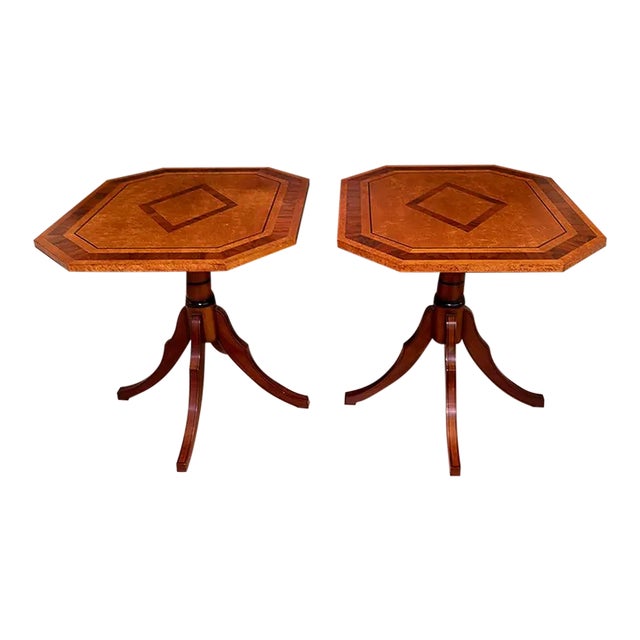 Late 20th Century Mario Buatta for John Widdicomb Pair of Matching Side Tables in Mixed Burl Wood For Sale