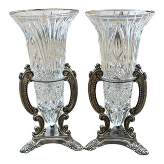 Vintage Godinger Cut Crystal Urn Vases Silverplate Ornate Stands Pair 11" For Sale