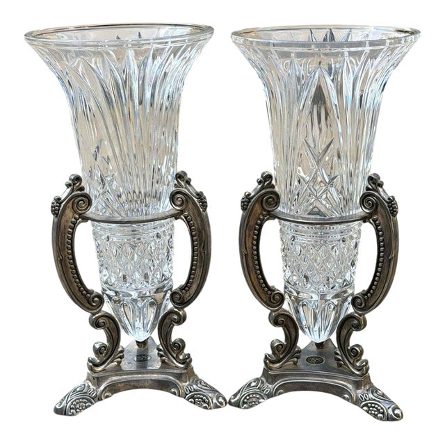 Vintage Godinger Cut Crystal Urn Vases Silverplate Ornate Stands Pair 11" For Sale