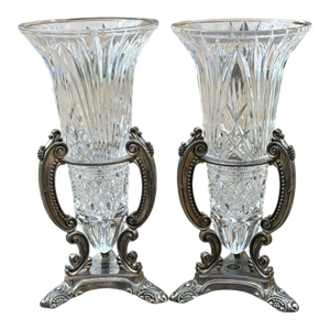 Vintage Godinger Cut Crystal Urn Vases Silverplate Ornate Stands Pair 11"