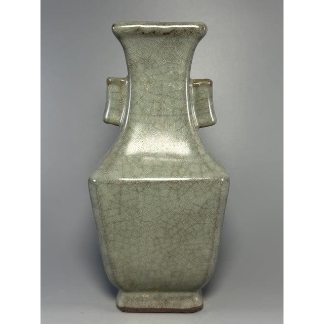 15th Century & Earlier Antique Chinese Guan‑Style Crackle Glaze Square Vase, Double Ear Handles For Sale - Image 5 of 7