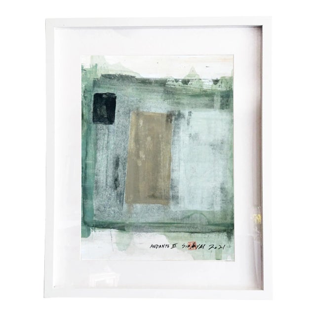 "Andante XI" Contemporary Abstract Green Mixed-Media Painting, Framed For Sale