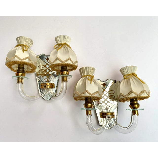 Art Deco Mirrored Brass Wall Sconces with Textile Shades, Italy, 1920s, Set of 2 For Sale - Image 10 of 10