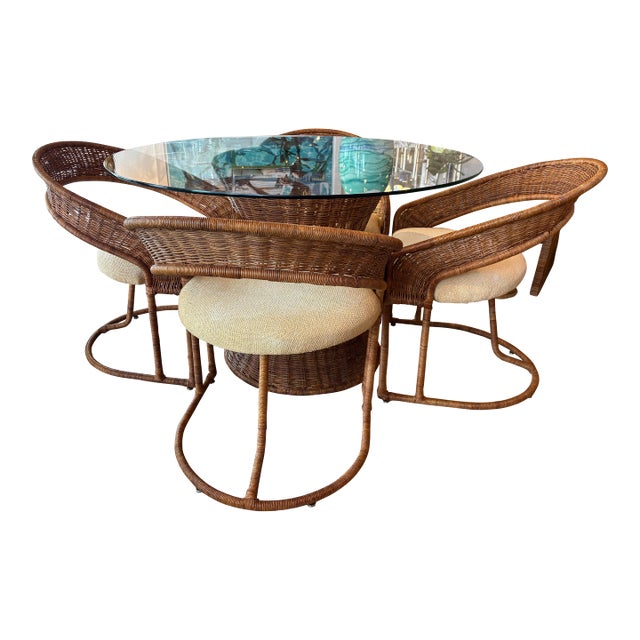Vintage 5 Pc. Rattan Wicker Dining or Game Table & Barrel Chairs Set For Sale