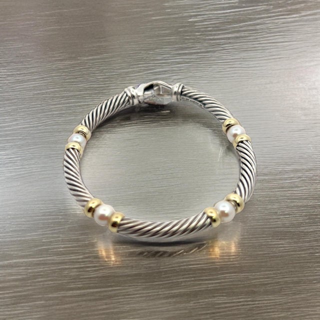 Metal 1990s David Yurman Authentic Estate Pearl Necklace 17" + Bracelet Set 7.5" Silver + 14k Gold, 2 Pieces For Sale - Image 7 of 16