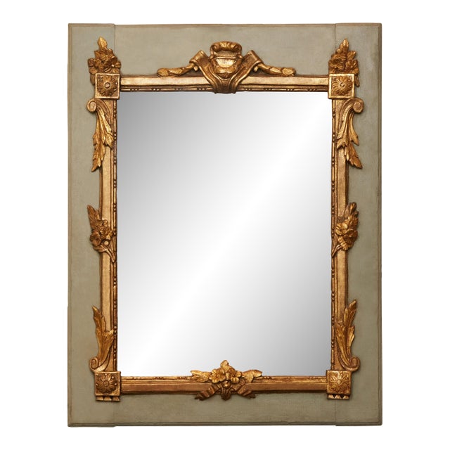 French 1800s Painted and Carved Giltwood Mirror with Cartouche and Floral Motifs For Sale