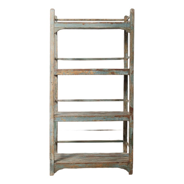 Late 20th Century Rustic Open-Frame Distressed Blue Wooden Storage Shelf For Sale