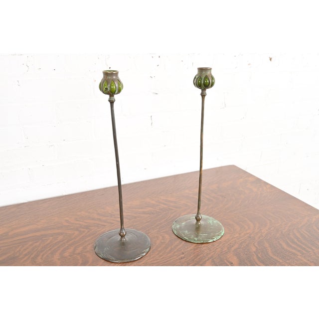 Tiffany Studios Tiffany Studios New York Bronze and Green Favrile Glass Puddle Candlesticks, Pair For Sale - Image 4 of 12