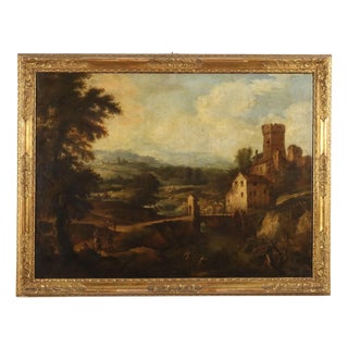 Landscape with Stream, Mill and Figures, Oil on Canvas, Framed For Sale