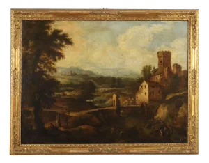 Landscape with Stream, Mill and Figures, Oil on Canvas, Framed