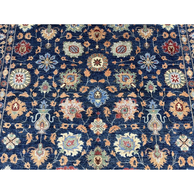 Navy Blue Afghan Sultani Natural Dye Wool Rug, Persian Floral Botanical Design, 8′2″ × 9′11″ For Sale - Image 6 of 16