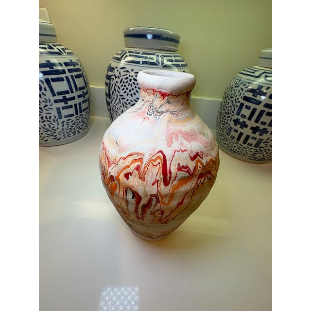 Boho Chic Nemadji Swirl Vase in Red Orange & Gray Studio Pottery For Sale - Image 9 of 12