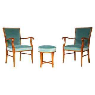 Mid-Century Armchairs & Stool, Set of 3 For Sale