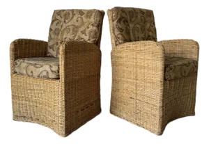 Vintage Boho Chic Coastal Woven Rattan Arm Chairs – A Pair