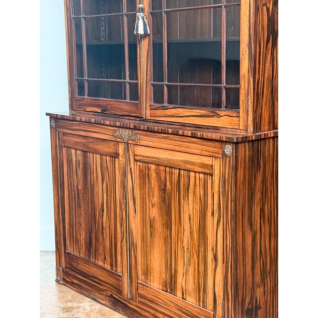 English Two-Tiered Glass Front Bookcases of Figured Wood - Two Available For Sale - Image 11 of 17