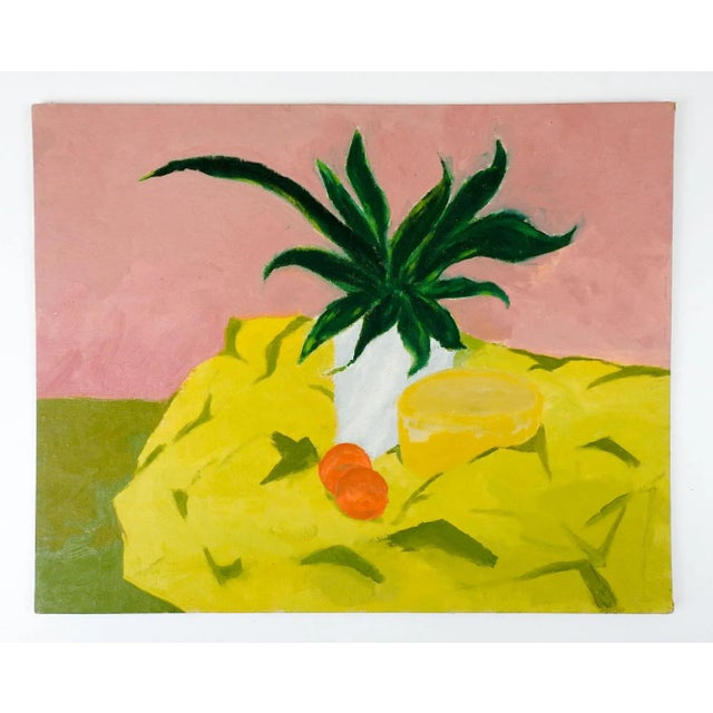 Mid-Century Modern Vintage Mid 20th Century Abstract Pink & Yellow Still Life Painting For Sale - Image 3 of 4