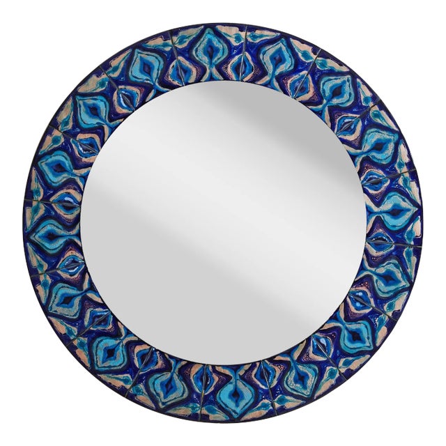5/5 Blue Hand-Painted Enamel Mirror by Bodil Eje, Denmark 1960s For Sale