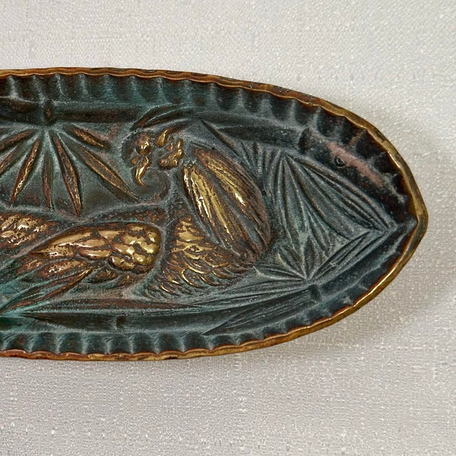 Metal 1948 Virginia Metalcrafters Brass Pheasant Tray, Verdi Finish For Sale - Image 7 of 12