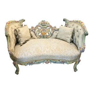 French Rococo-Style Settee – Pastel Floral Upholstery With Ornate Carved Frame For Sale