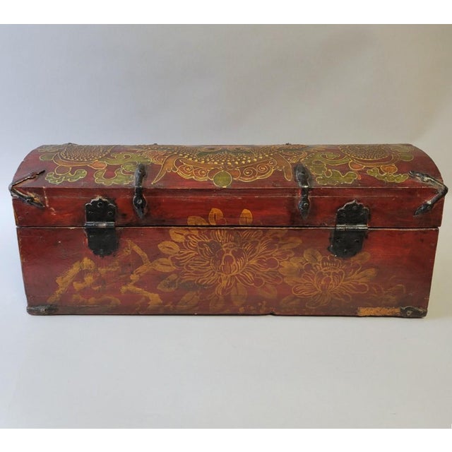 Tibetan Manuscript Box— Hand-Painted, With Red Lacquer & Iron Straps— Mid-20th Century For Sale In Raleigh - Image 6 of 8