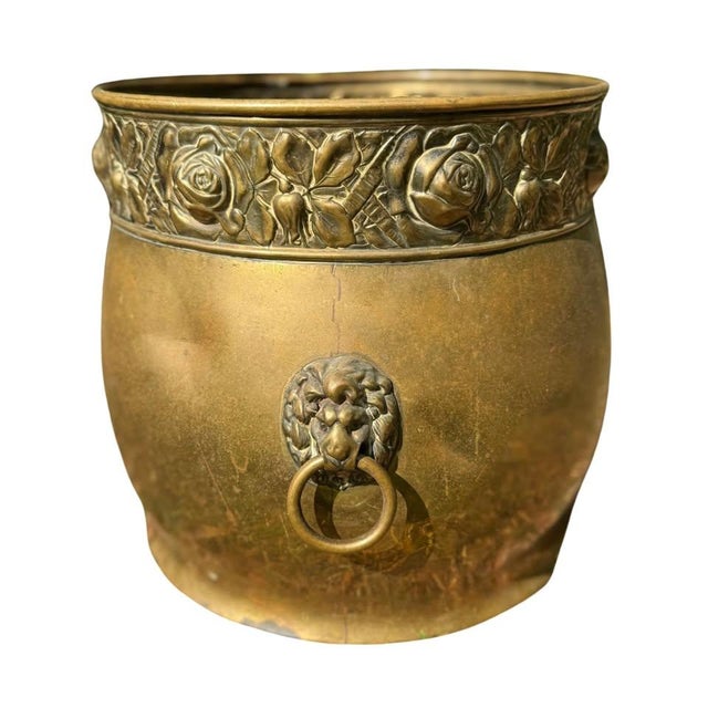 Early 20th Century Large Turn-of-the-Century Brass Jardinière Cachepot With Lion Ring Handles and Repoussé Rose Banding For Sale - Image 4 of 8