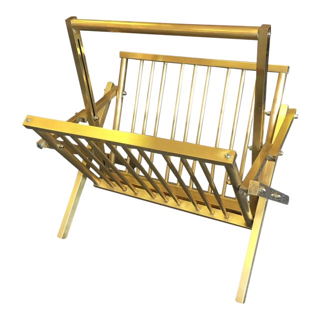 Mid-Century Modern Brass Campaign Style Folding Magazine Stand For Sale