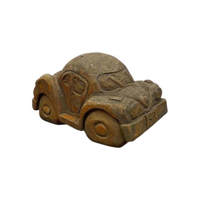 Vintage Hand Carved Wooden Car Sculpture in the Style of a Volkswagen Beetle For Sale - Image 4 of 12