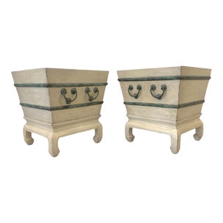 Pair of Chinese Rice Bucket Wine Cooler Planters on Pagoda Stands For Sale