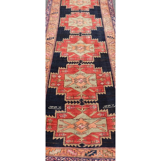 Mid 20th Century Long Hand-Knotted Antique Persian Azerbaijan Runner in Wool With Medallions 3'10 X 11'2 For Sale - Image 5 of 12
