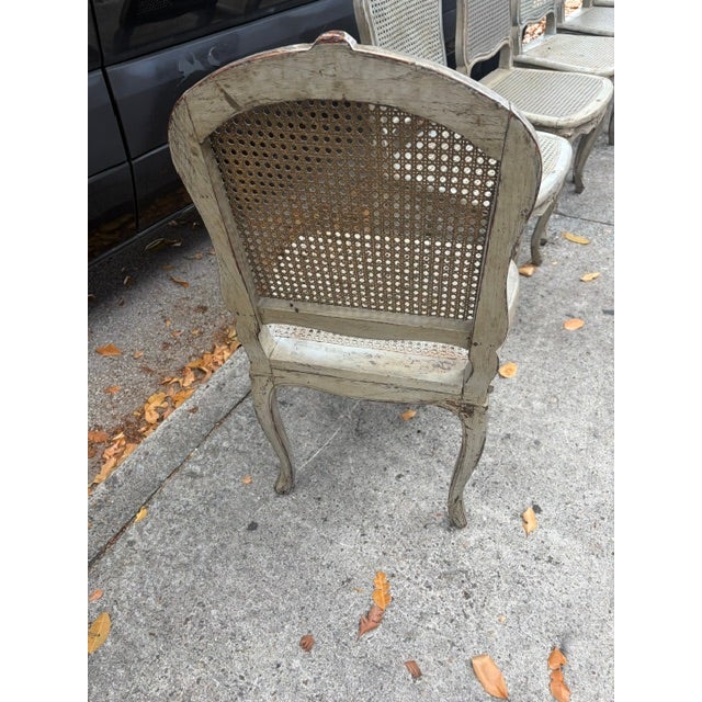Set of 6 Antique French Louis XVI Painted Cane Dining Chairs With Cushions For Sale - Image 10 of 12