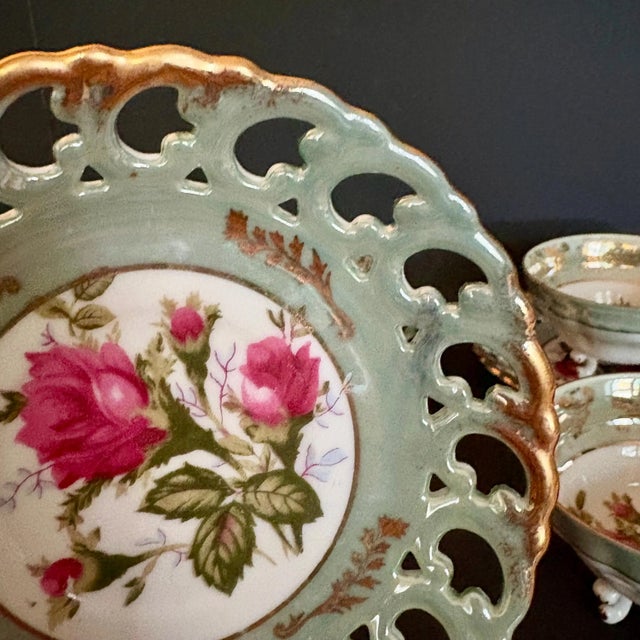 Vintage Royal Sealy Teacup Trio: Iridescent Green China With Pink Roses - Set of 3 Cups & 3 Saucers For Sale - Image 10 of 10