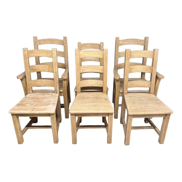 Bleached Oak Farmhouse Dining Chairs, 1940, Set of 6 For Sale