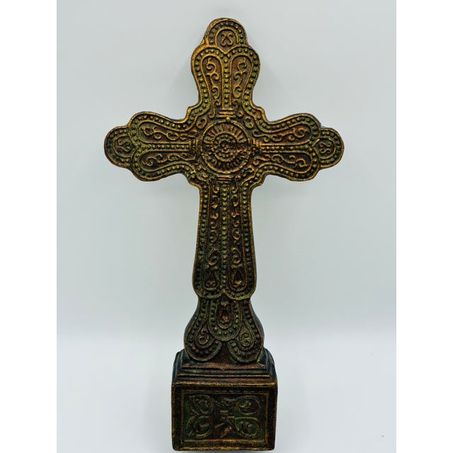 Traditional Vintage Large Crucifix Cross Bronze on Base For Sale - Image 3 of 8