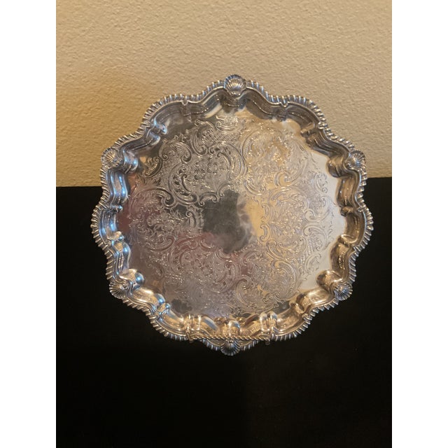 Vintage Silver Plated Engraved Footed Tray With Scalloped Edge For Sale In Palm Springs - Image 6 of 14