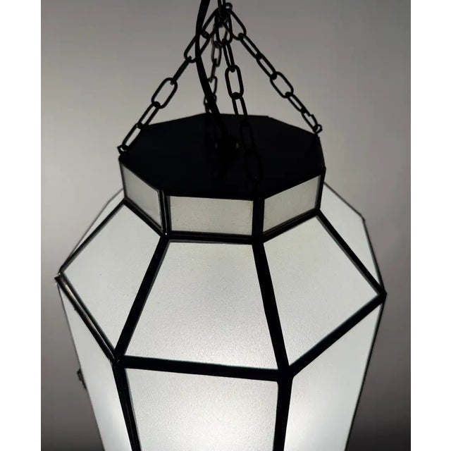 1990s Art Deco Style Frosted White Milk Glass & Bronze Octagonal Pendant - a Pair For Sale - Image 10 of 15