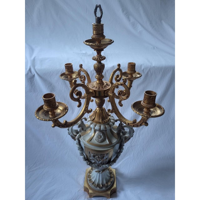 Metal Vintage Italian Louis XVI Style Gilt Brass and Porcelain Candelabrum by Tiche, 1970s For Sale - Image 7 of 7